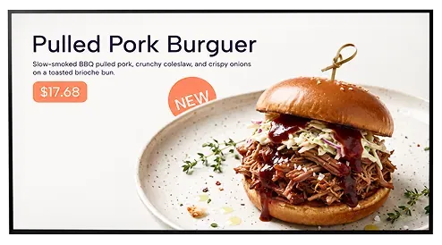 Menú digital de EatsyTV con una hamburguesa de cerdo desmechado y clientes del restaurante alrededor