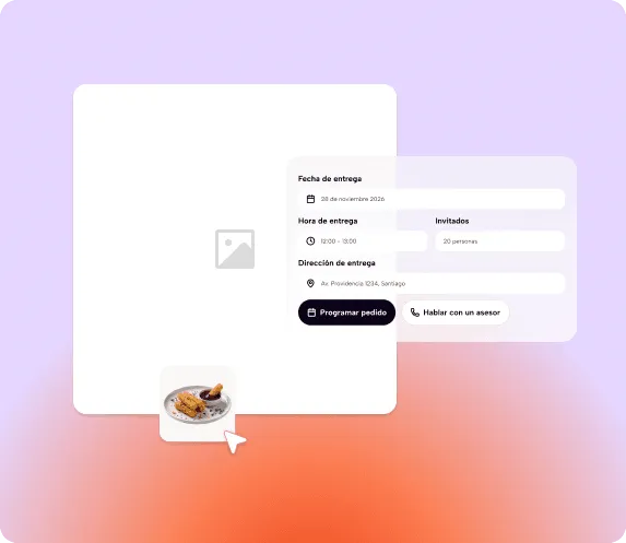 Catering order page with scheduled pickup date, time, guest count, and delivery address