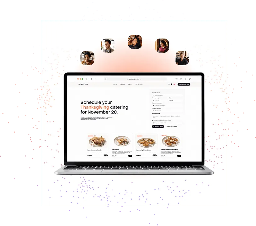 Restaurant owners reviewing a scheduled Thanksgiving catering order on a laptop