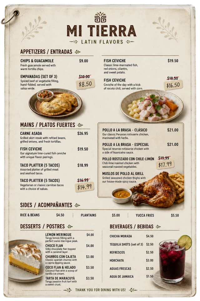 Printed restaurant menu with handwritten notes and crossed-out prices